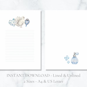Papel de papelería imprimible con forma de corazón de paloma, azul y blanco, para escribir cartas de acuarela, San Valentín, tamaño A4, descarga instantánea.