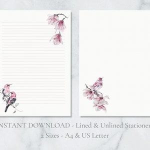 Papeterie imprimable Oiseaux dans le magnolia Papier à lettres floral Papier à lettres Lettre US A4 Téléchargement instantané Papier printemps-été