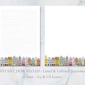 Papelería imprimible con casas de Ámsterdam, papelería de acuarela, papel para escribir con la ciudad, papel para escribir cartas holandesas, papel A4, carta estadounidense, descarga instantánea