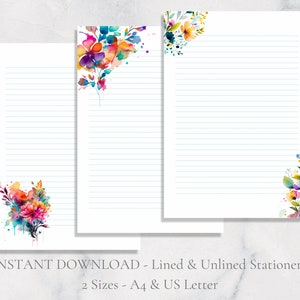 Papelería con estampado floral colorido, papelería botánica de acuarela, juego de cartas con flores, tamaño A4, descarga instantánea.