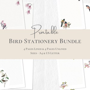 Pacote de papelaria para pássaros, papelaria floral para impressão, conjunto de papel de escrita para primavera, carta A4 dos EUA, download instantâneo, planejador de flores da natureza, inserção