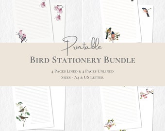 BUNDLE Cancelleria per uccelli Carta stazionaria floreale stampabile Set di carta da lettere primaverile A4 US Letter Download istantaneo Carta floreale naturale