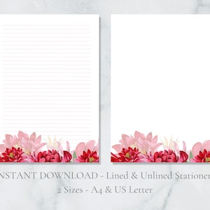 Papelería imprimible con diseño de aquilegia roja, flor de aguileña, papel floral para escribir cartas, tamaño A4, descarga instantánea.