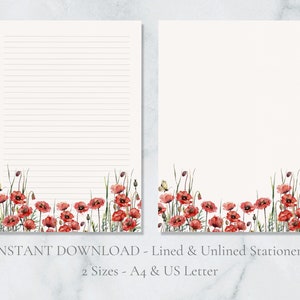 Papeterie imprimable champ de coquelicots papier à lettres floral rouge nature nature papier à lettres papillon lettre papier à lettres A4 US Letter Téléchargement immédiat