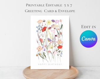 Editable 5 X 7 Greeting Card Flower Garden Printable Card Floral Birthday Card Congratulations A4 US Letter Edit in Canva Template Thank You