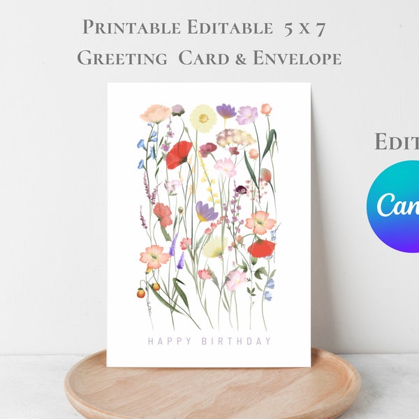 Editable 5 X 7 Greeting Card Flower Garden Printable Card Floral Birthday Card Congratulations A4 US Letter Edit in Canva Template Thank You