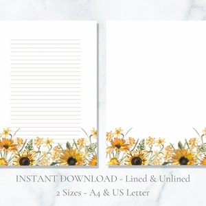Papelería imprimible con girasoles y narcisos, papelería floral, papel de carta amarillo, papel de carta A4, descarga instantánea.