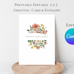 Bewerkbare wenskaart 5 x 7 bloemen vlinder afdrukbare kaart Verjaardagskaart Gefeliciteerd A4 US Letter Bewerken in canva-sjabloon Bedankt