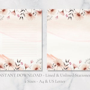 Papelería imprimible con flores de primavera, papelería floral, papel botánico para escribir cartas de verano, papel A4, tamaño carta de EE. UU., descarga instantánea