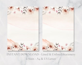 May include: Printable stationery set with a floral design. The set includes lined and unlined paper in two sizes: A4 and US Letter.