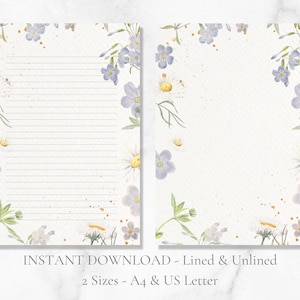 Papelaria para impressão em aquarela de flores silvestres Papel de carta botânico Papel de carta A4 para download instantâneo