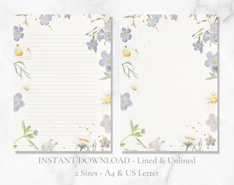 Wild Flowers Watercolor Printable Stationery Flower Stationary Botanical Writing Paper Letter Writing Paper A4 US Letter Instant Download