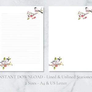 Papelería imprimible con diseño de pájaros en una rama, papelería floral, papel para escribir sobre la naturaleza, papel para escribir cartas con flores, tamaño A4, descarga instantánea.