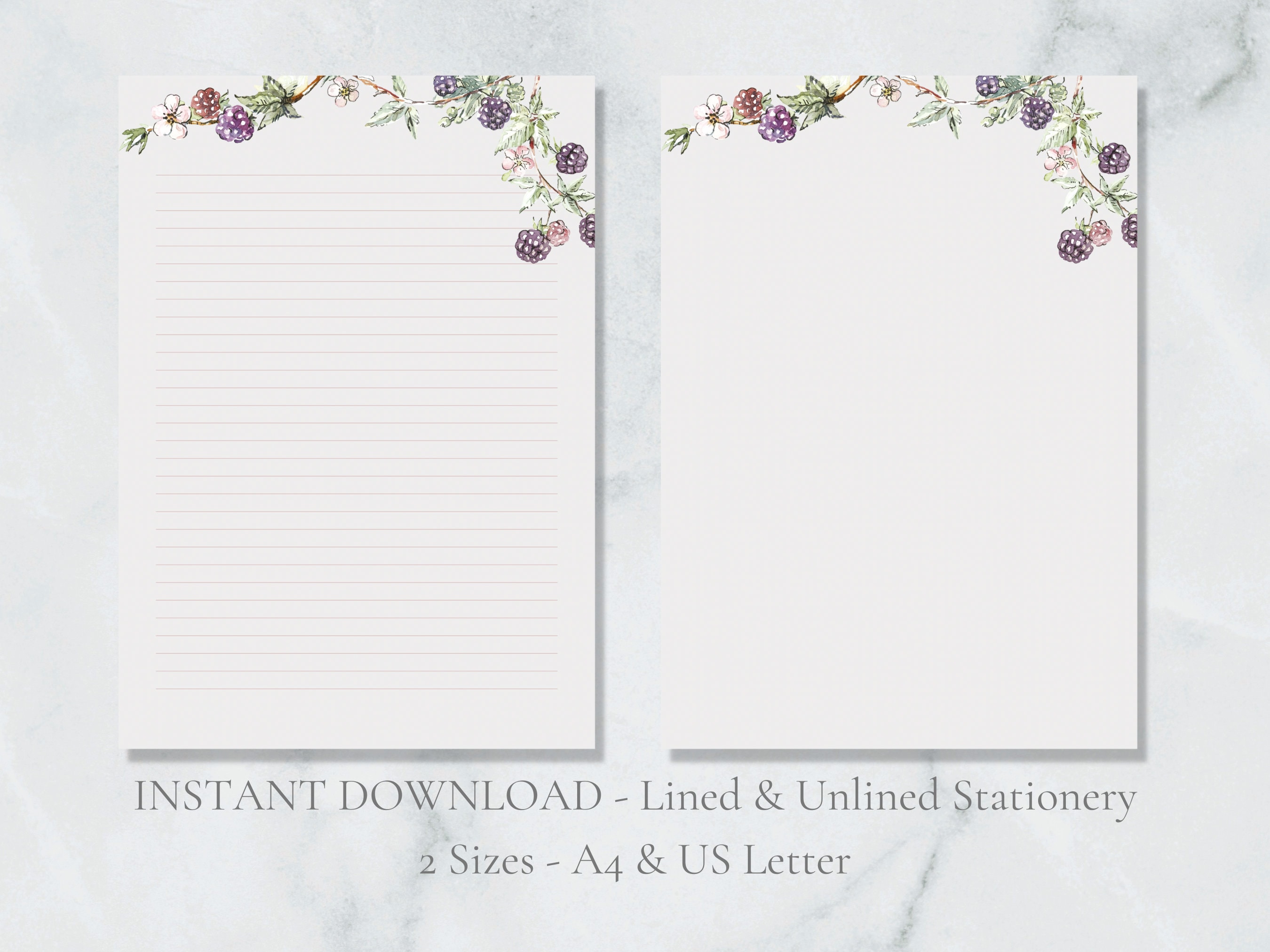 Blackberry Printable Stationery Fruit Stationary Watercolor Etsy