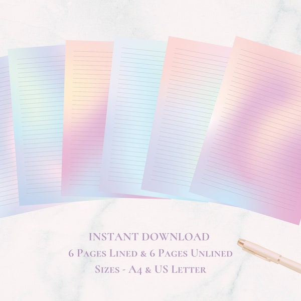 Pastel Gradient Printable Writing Paper- Stationary Paper Set- Note Paper- A4 and US Letter- Lined & Plain- Instant Download PDF Stationery