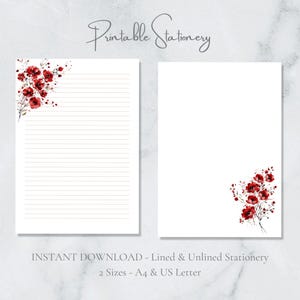 Papelería imprimible con diseño de amapola escarlata, papel floral rojo, papel de escritura natural, papel para cartas de amapolas, tamaño A4, descarga instantánea.