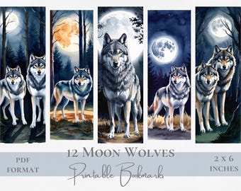 Moon Wolves Printable Bookmark Set Full Moon Watercolor Wolf Instant Digital Download US Letter Gift for Book Lover Animal Spirit Animal