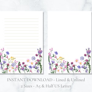 Papelaria para impressão de flores da primavera, meio A5, EUA, aquarela, botânica, natureza, carta, papel de carta, floral, download instantâneo