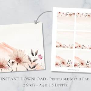 Bloco de notas para impressão de flores da primavera, conjunto de notas da natureza, papel de notas botânicas em aquarela, flores, impressão, post-it, carta A4, download instantâneo
