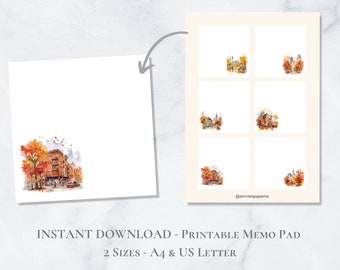 Fall in the City Printable Memo Pad Autumn Stationery Note Paper Printable Post It A4 US Letter Instant Download Thanksgiving Halloween