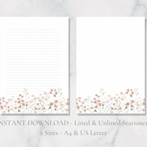 Papelería imprimible con flores de primavera y verano, papelería floral, papel botánico para escribir cartas, papel A4, carta estadounidense, descarga instantánea
