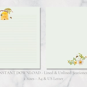 Papelería imprimible con diseño de colmena, papel de papelería imprimible con diseño de margaritas, papel para escribir cartas florales, tamaño A4, carta estadounidense, descarga instantánea, papel floral con diseño de miel.