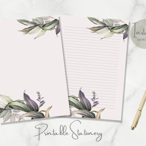 Papelaria para impressão de folhas roxas e verdes, papel de carta botânico, papel de carta para plantas, tamanho A4, download instantâneo