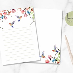 Papelería imprimible floral con diseño de colibrí, tamaño A5, para escribir cartas, descarga instantánea