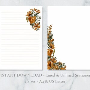 Papel de carta rústico con diseño floral imprimible, ideal para amantes de la naturaleza, con flores marrones, tamaño A4, descarga instantánea, ramo de lirios.