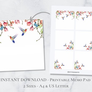 Bloco de notas imprimível Hummingbird Magnolia Conjunto de notas florais Papel de notas botânicas para impressão Post It Carta A4 EUA Download instantâneo