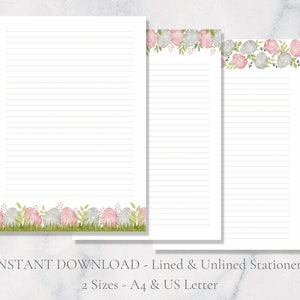 Papelaria para impressão de ovos de Páscoa, papel de primavera fofo, papelaria botânica, papel de carta com flores, conjunto de cartas A4, download instantâneo