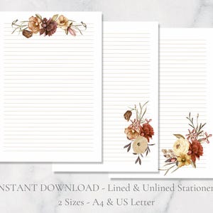 Papelería imprimible con ramo de otoño, papelería otoñal, papel de carta floral otoñal, tamaño A4, con líneas y sin líneas, descarga instantánea en PDF, papelería con flores.