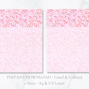 Papelería imprimible con hojas rosas, papelería William Morris, papel de escribir con estampado floral, papel de carta botánico, tamaño A4, carta estadounidense, descarga instantánea