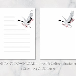 Papelaria para impressão de guindaste japonês Sakura Papel de carta para escrita de natureza Papel de carta de pássaro A4 Carta dos EUA para download instantâneo Japão
