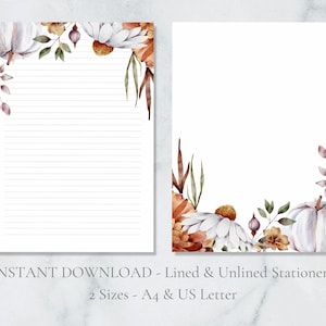 Papelería imprimible con diseño de calabaza floral, papelería de otoño, papelería de cosecha de otoño, papelería A4 y carta de EE. UU., con líneas y lisa, papelería en PDF de descarga instantánea.