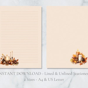 Velas aconchegantes de outono para impressão, papel de carta de outono, Ação de Graças, A4 e carta dos EUA, pautada e lisa, download de PDF, planejador de Halloween, encarte