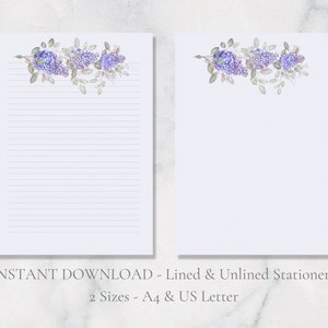 Papelería imprimible de lilas, papelería con flores moradas, papel botánico para escribir cartas florales, papel A4, carta estadounidense, descarga instantánea