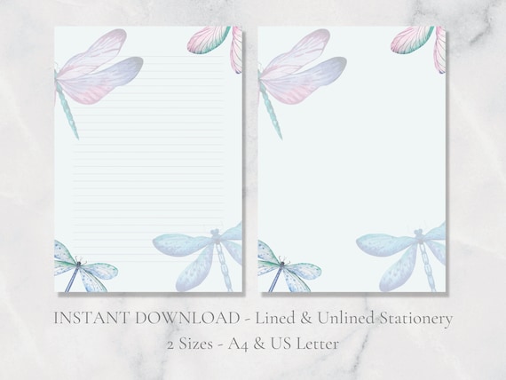 Dragonfly Printable Stationery Blue Lilac Stationary Nature | Etsy