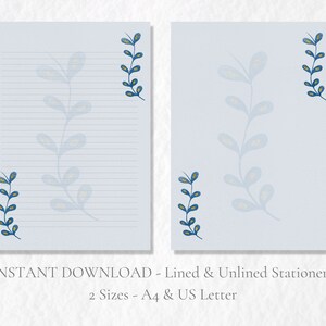 Papelería imprimible con ramitas de oro azul, papelería botánica, papel de escritura de arte popular, papel para escribir cartas A4, carta estadounidense, descarga instantánea, festivo