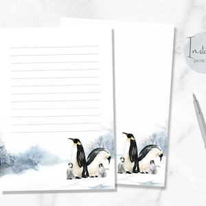 Papel de carta A5 dos EUA com pinguins em aquarela para impressão, papel de carta azul para inverno, papel de carta com letras de animais, download instantâneo