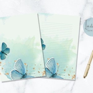 Vlinder afdrukbaar briefpapier blauw goud stationair natuur briefpapier Wildlife brief briefpapier A4 US Letter Instant Download