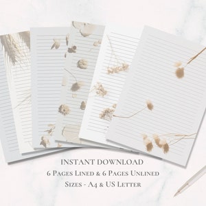 Getrocknete Blumen Briefpapier - Minimalistisches Briefpapier Set- A4 und US Letter- Liniertes Papier - Normales Papier - Sofortiger Download PDF Briefpapier