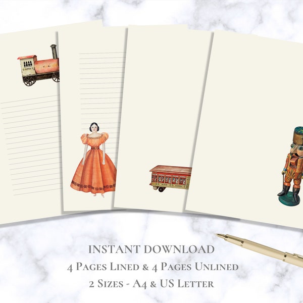 Vintage Toys Stationery Printable Stationary Paper Retro Stationary Writing Paper Festive Gift Letter Set A4 US Letter Instant Download