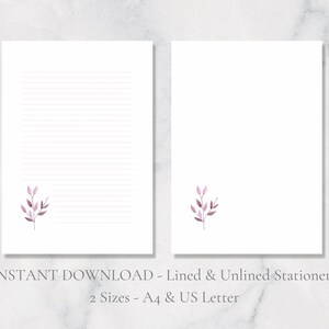 Papelaria para impressão de raminhos roxos, papel de carta botânico com folhas, papel de carta para plantas, papel de carta A4 EUA, folhas para impressão, download instantâneo