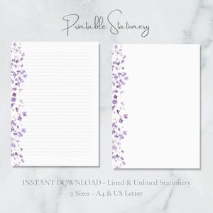 Violetas Papelaria para Imprimir Aquarela Botânica Papel de Escrita A4 Carta EUA Download Instantâneo Flores da Primavera Roxo Floral Página de Diário