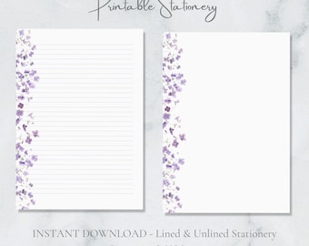 Violette, carta da lettere botanica stampabile con acquerello, formato A4, formato US, download immediato, fiori primaverili, pagina di diario floreale viola