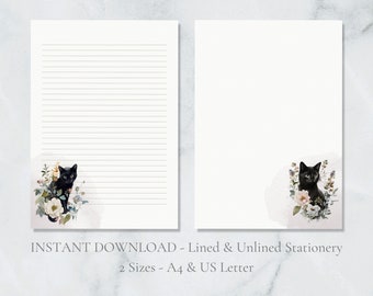 Black Cat in Flowers Printable Stationery Animal Stationary Pet Writing Paper Letter Writing Paper A4 US Letter Instant Download Cat Lover