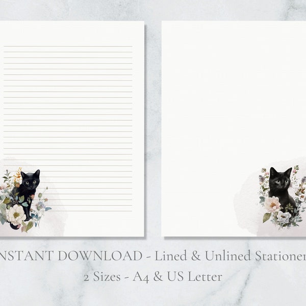 Chat noir en fleurs imprimable papeterie Animal stationnaire Pet papier à lettres lettre papier à lettres A4 US lettre Téléchargement instantané amoureux des chats