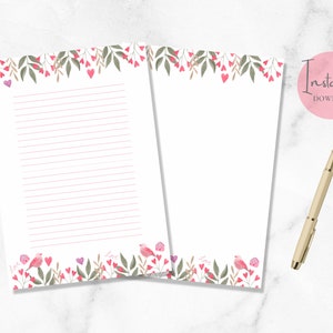 Papelería imprimible con corazones y pájaros, papelería de San Valentín, papel floral para escribir, bonito papel para escribir cartas, tamaño A4, carta estadounidense, descarga instantánea.