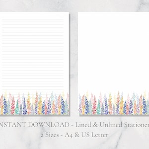 Delphiniums - Papelería imprimible, papelería floral, papel de escritura natural, flores de primavera, papel para escribir cartas, tamaño A4, tamaño carta de EE. UU., descarga instantánea